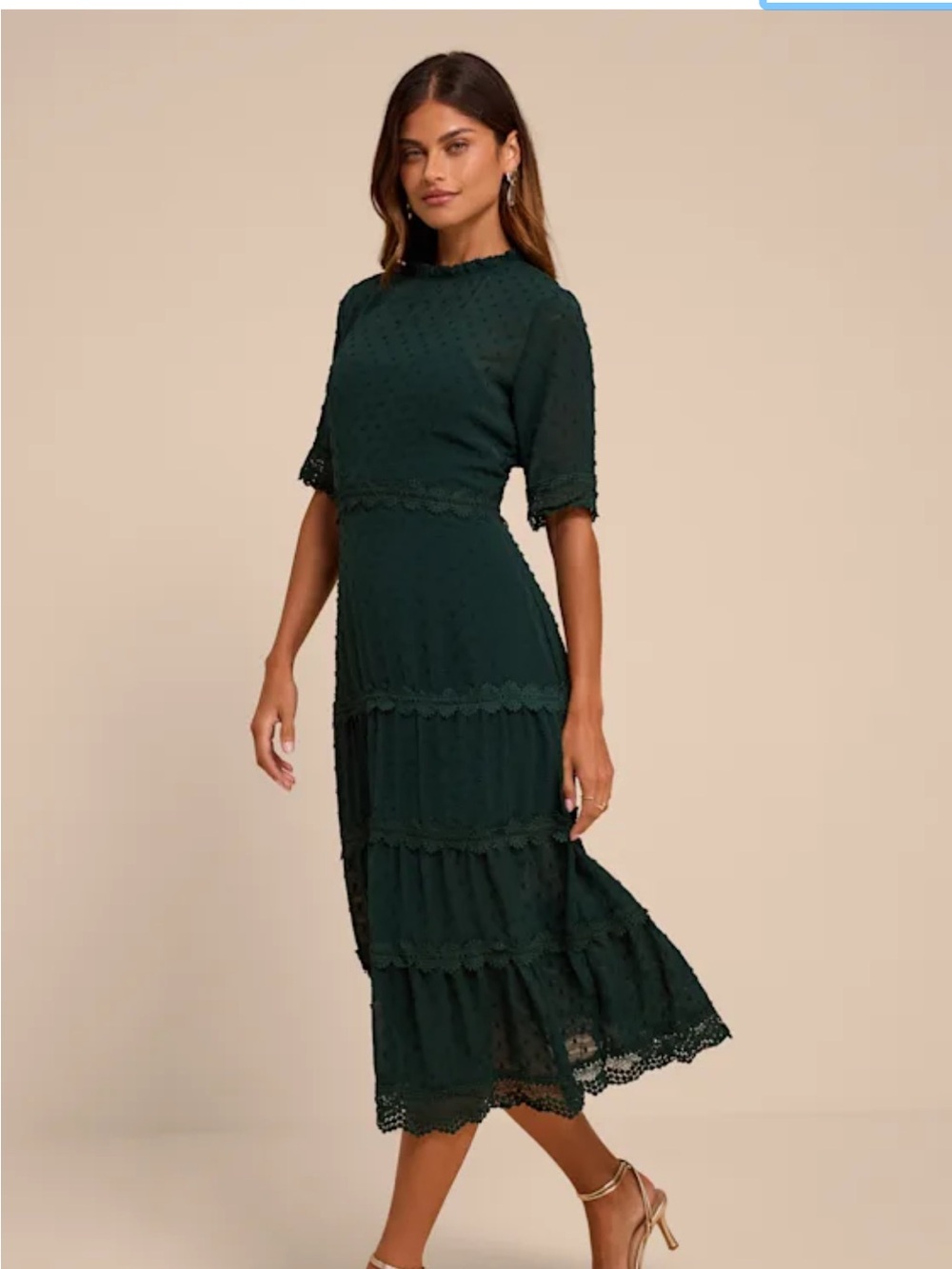 Lulu's Dreaming of You Green Lace Swiss Dot Tiered Midi Dress